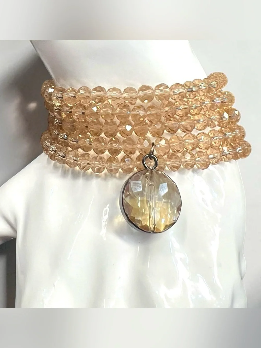 Faceted Champagne Bead Wrap Bracelet with Crystal Charm